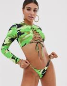 Jaded London Long Sleeve Lace Up Bikini Top In Green Camo - Multi