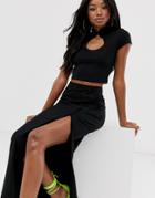 Asos Design Maxi Skirt With Split And Frogging Detail - Black