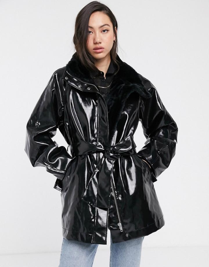 Weekday Vinyl Faux Fur-lined Belted Coat In Black