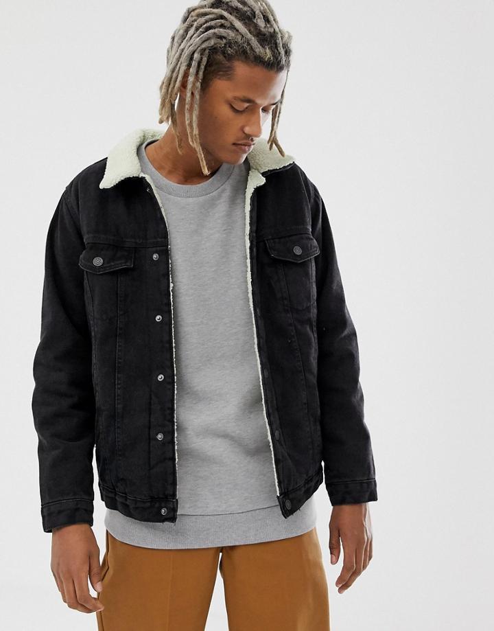 Pull & Bear Fleece Lined Denim Jacket In Black - Black
