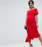 Asos Maternity Petite Scuba One Shoulder Pephem Midi Dress - Red