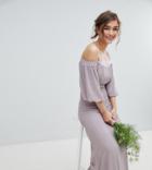 Tfnc Petite Bardot Maxi Bridesmaid Dress With Sleeve Drama And Embellished Waist-gray