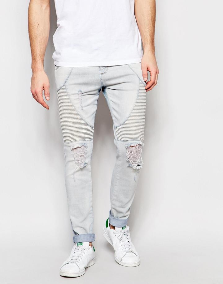 Siksilk Extreme Super Skinny Biker Jeans - Light Stonewash