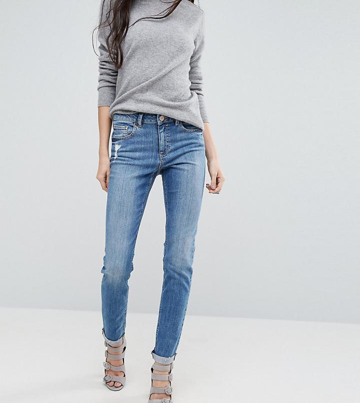 Asos Tall Kimmi Shrunken Boyfriend Jeans In Clover Mid Stonewash With Raw Hem Turn-up - Blue