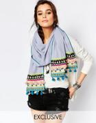 Bl^nk Oversized Scarf With Multi Colored Pom Poms In Blue - Blue