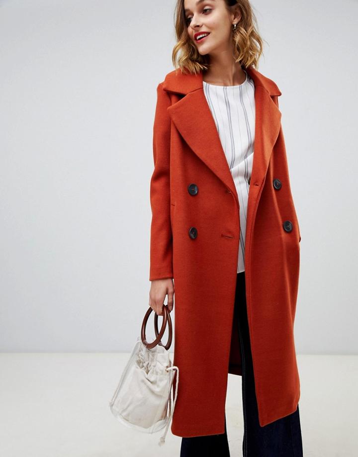 River Island Double Breasted Tailored Coat In Tan-brown
