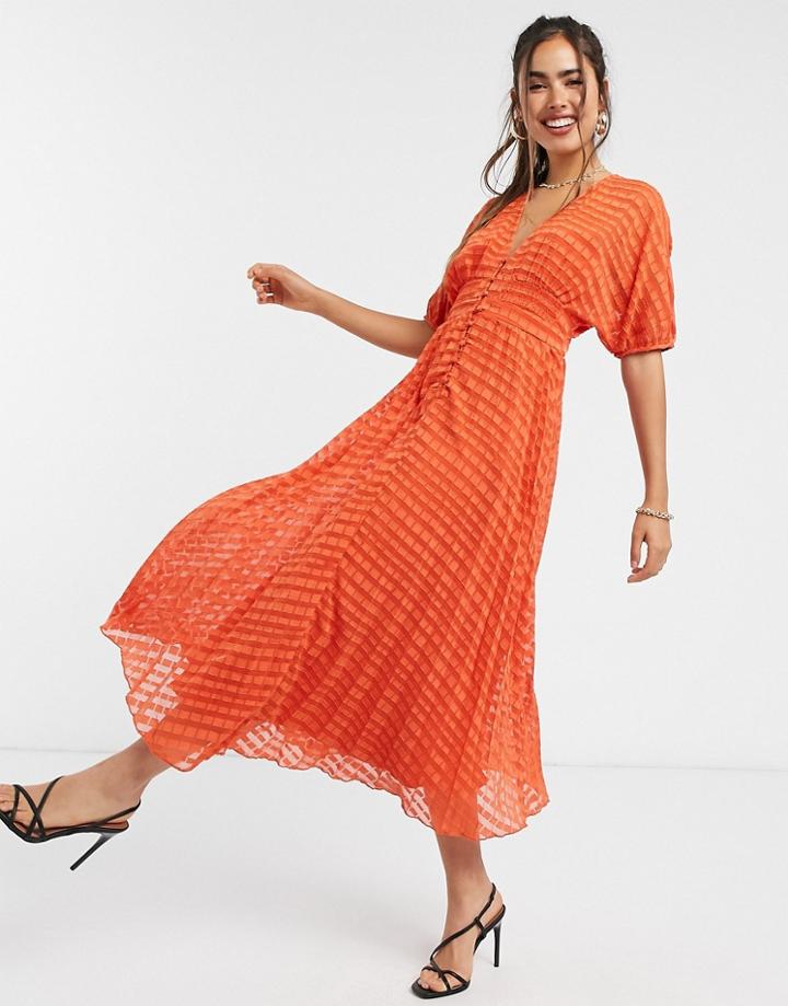 Asos Design Textured Button Through Midi Tea Dress In Red
