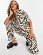 Asos Design Oversized Satin Shirt In Brown Psychedelic Print - Part Of A Set