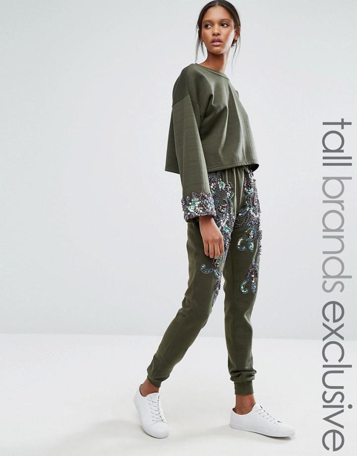 Starry Eyed Tall Heavily Embellished Paisley Detail Joggers - Green