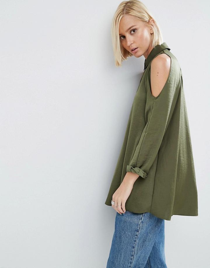 Asos Cold Shoulder Blouse In Satin - Green