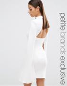 John Zack Petite High Neck Open Back Mini Dress With Split Sleeve - White