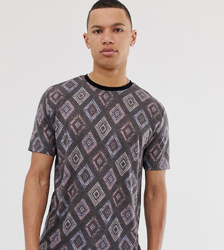 Asos Design Tall Relaxed T-shirt In Organic Cotton With All Over Tile Print In Slub Fabric-black