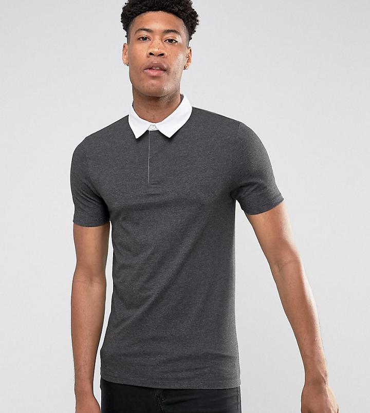 Asos Design Tall Muscle Fit Rugby Polo Shirt In Charcoal - Gray