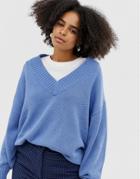 Monki V-neck Sweater In Blue - Blue