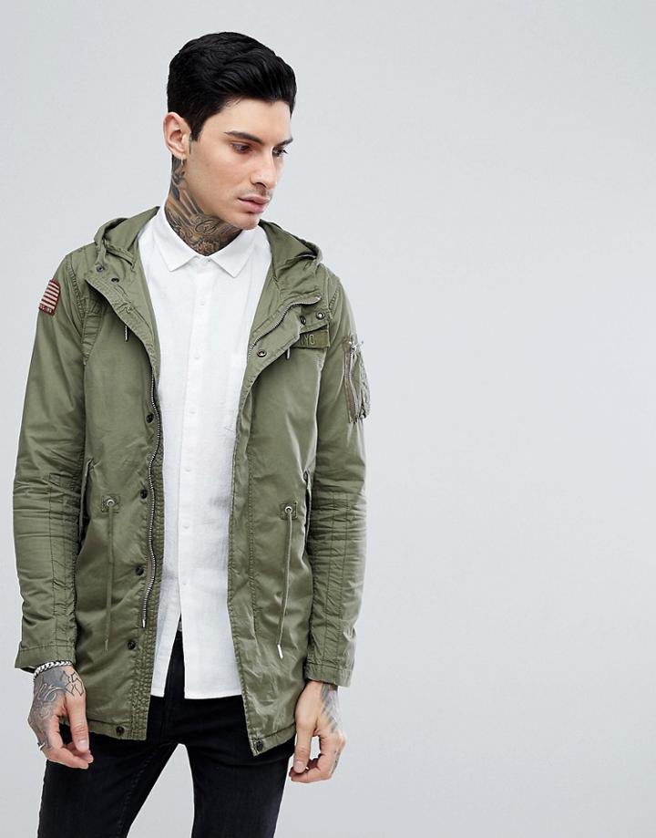 Schott Stanton Military Lightweight Hooded Parker Jacket With Badge In Green - Green