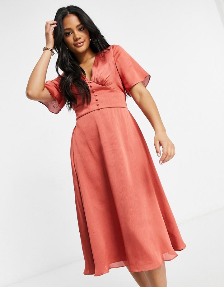 Chi Chi London Button Detail Flutter Sleeve Midi Skater Dress In Rust-brown