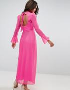 Asos High Neck Pleated Maxi Dress With Open Back - Pink