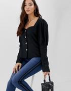 Asos Design Square Neck Long Sleeve Top In Linen With Contrast Buttons - Black