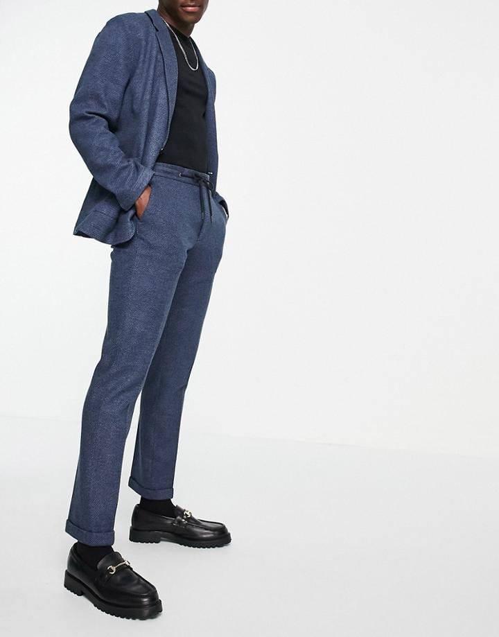 Asos Design Slim Soft Tailored Jersey Suit Pants In Navy Wide Twill And Drawstring Waist-blues