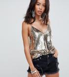 Asos Design Tall Sequin Cami With Strap Detail - Gold