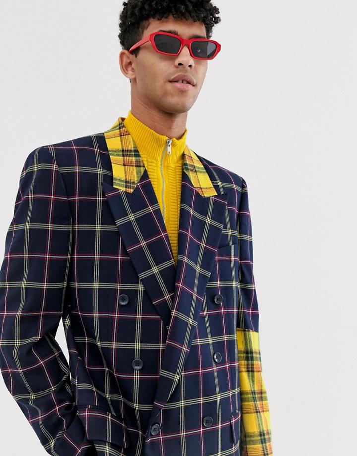 Asos Design Oversized Double Breast Suit Jacket With Yellow Contrast Check Sleeve - Blue