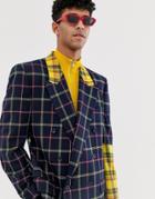 Asos Design Oversized Double Breast Suit Jacket With Yellow Contrast Check Sleeve - Blue