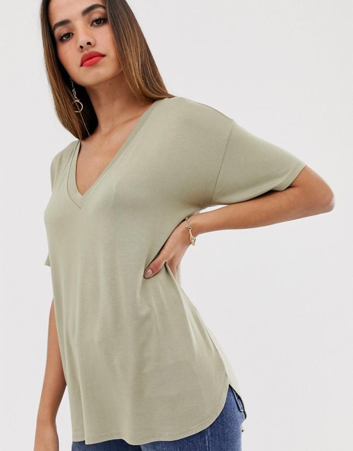 Asos Design V Neck Oversized T-shirt In Textured Jersey In Khaki - Green