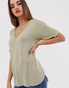 Asos Design V Neck Oversized T-shirt In Textured Jersey In Khaki - Green