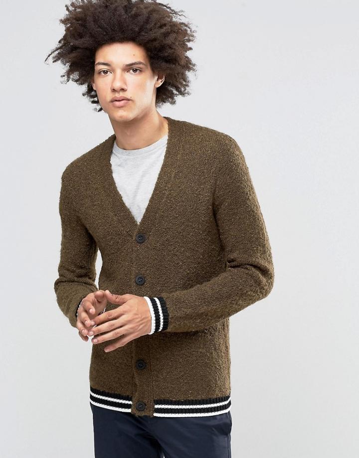 Asos Cardigan In Boucle Yarn With Stripe Hems - Green
