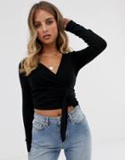 Asos Design Wrap Top In Rib With Long Sleeve