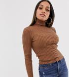 Asos Design Petite Roll Neck Sweater In Fine Knit Rib - Brown