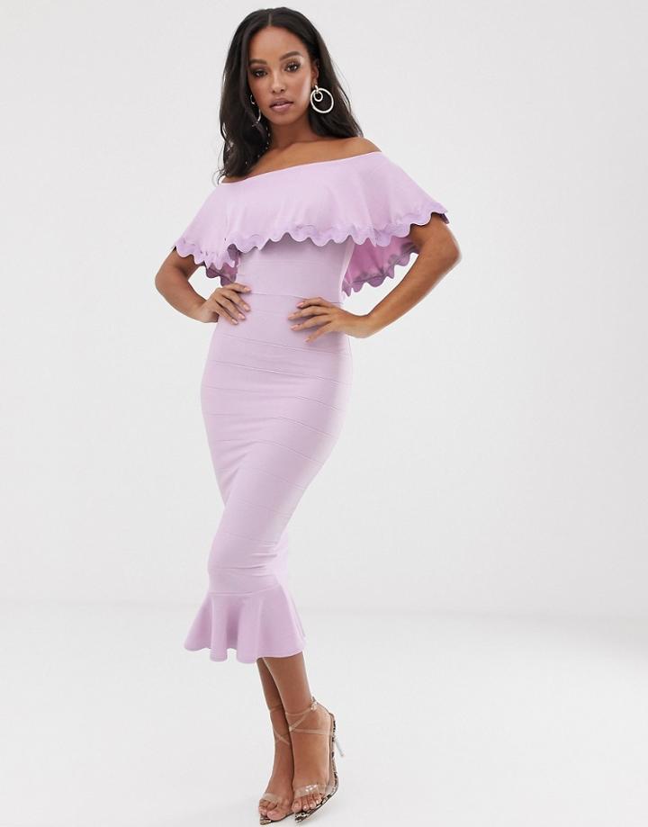Asos Design Scallop Detail Bandeau Bandage Midi Pencil Dress With Pephem-purple