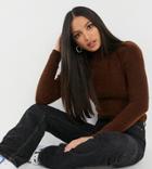 Asos Design Tall Ribbed Sweater With Puff Shoulder In Brown