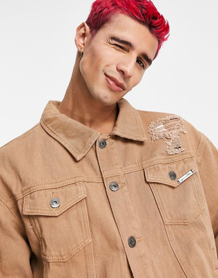 Liquor N Poker Oversized Trucker Jacket In Brown Denim With Distressing - Part Of A Set