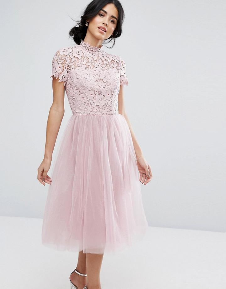 Chi Chi London High Neck Lace Midi Dress With Tulle Skirt - Pink