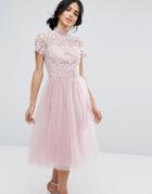 Chi Chi London High Neck Lace Midi Dress With Tulle Skirt - Pink