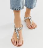 Asos Design Wide Fit Fairgame Leather Embellished Flat Sandals - Silver