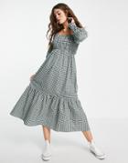 Topshop Shirred Poplin Midi Dress In Green Gingham