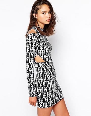 This Is A Love Song Bodycon Dress With High Neck And Cut Out Shoulder Detail - Multi