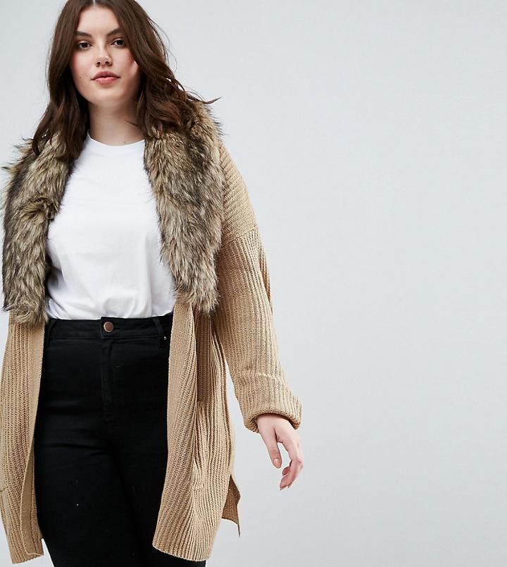 Brave Soul Plus Hawk Cardigan With Detachable Fur Collar - Beige
