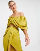 Asos Edition Satin Drape Off Shoulder Top In Mustard-yellow