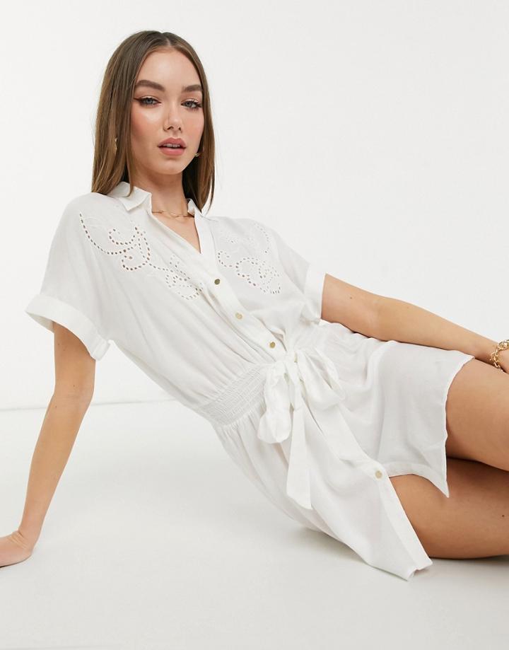River Island Cutwork Mini Beach Shirt Dress In White-pink