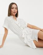 River Island Cutwork Mini Beach Shirt Dress In White-pink