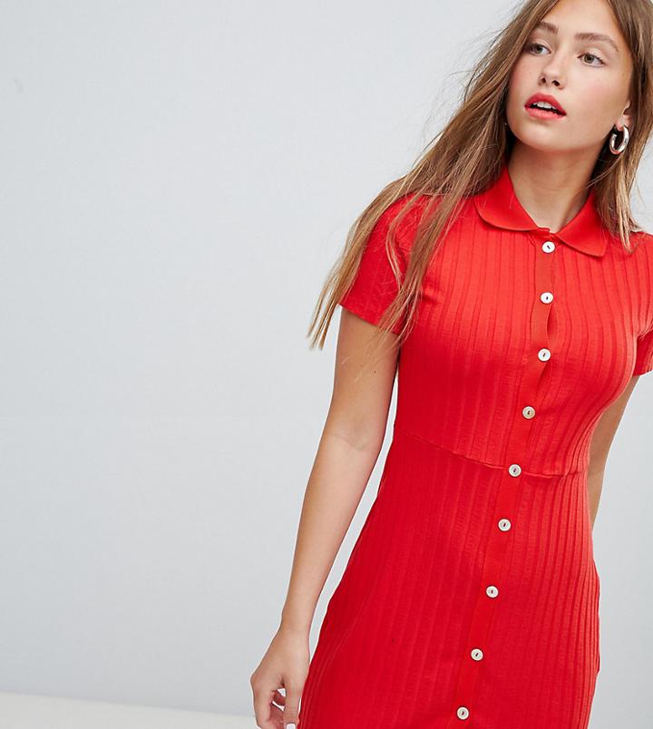Bershka Button Front Short Sleeved Dress In Red