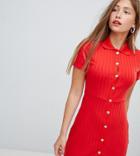 Bershka Button Front Short Sleeved Dress In Red