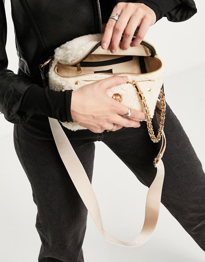 River Island Borg Chain Cross-body Bag In Cream-white