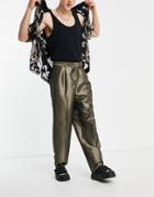 Asos Design High Waist Slim Smart Pants In Olive Sateen-green