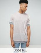Asos Tall Longline T-shirt In Linen Look With Contrast Cuff And Hem Extender - Pink