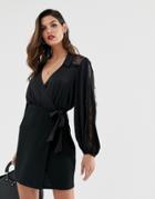 Asos Design Woven Mix Lace Insert Shirt Dress-black