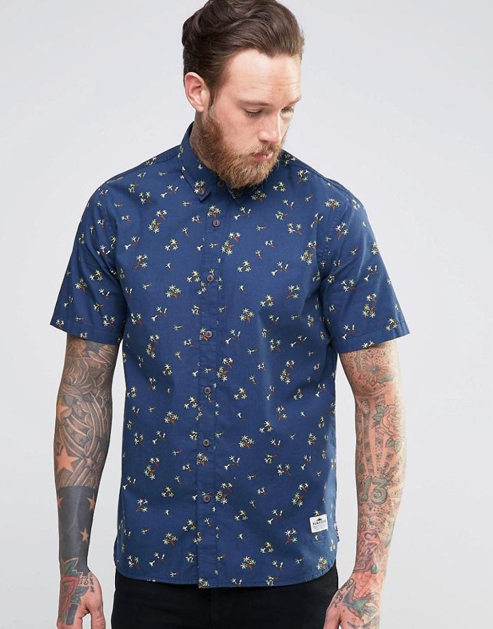 Penfield Shirt With Small Floral Print Short Sleeves In Classic Regular Fit - Navy